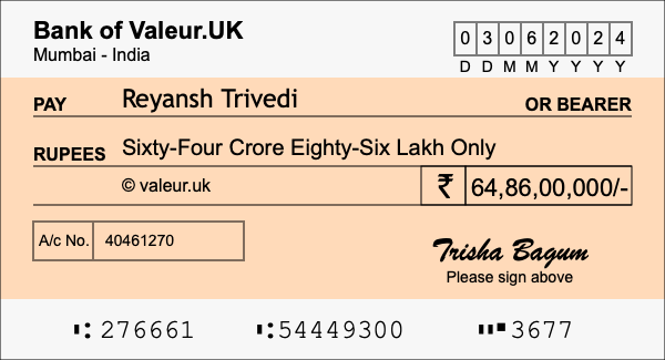 How to write a cheque for 64.86 crore rupees
