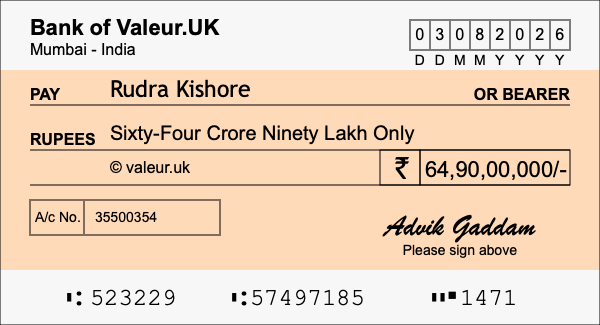 How to write a cheque for 64.9 crore rupees
