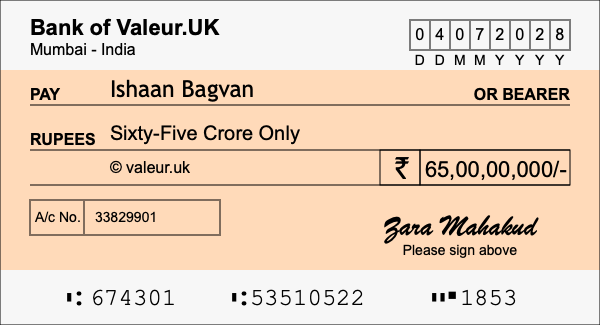 How to write a cheque for 65 crore rupees
