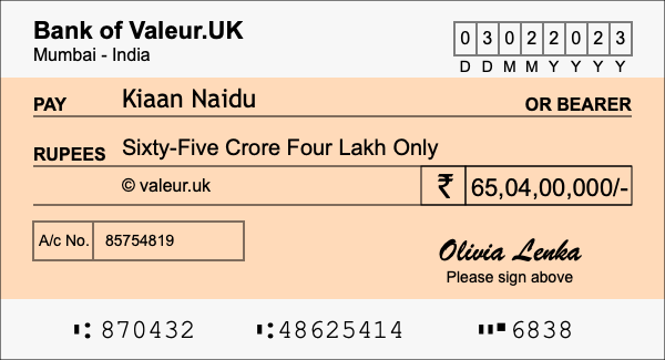 How to write a cheque for 65.04 crore rupees