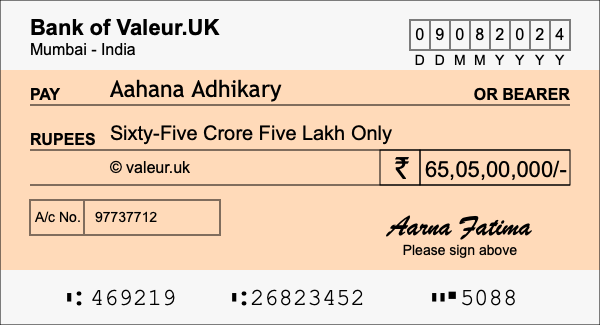 How to write a cheque for 65.05 crore rupees