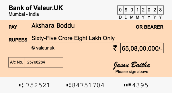 How to write a cheque for 65.08 crore rupees