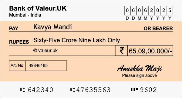 How to write a cheque for 65.09 crore rupees