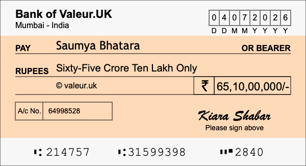 How to write a cheque for 65.1 crore rupees