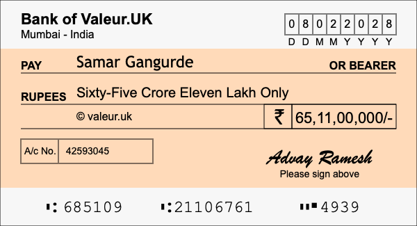 How to write a cheque for 65.11 crore rupees