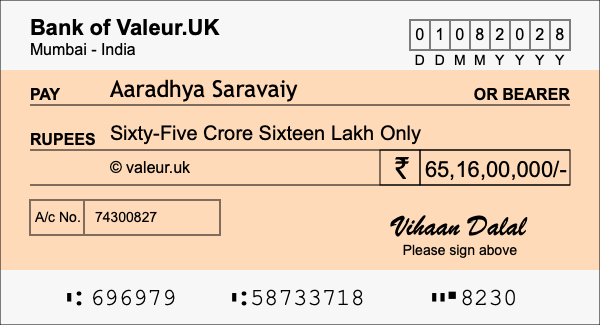 How to write a cheque for 65.16 crore rupees