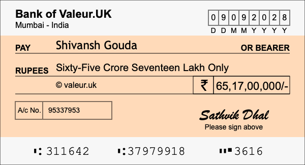 How to write a cheque for 65.17 crore rupees