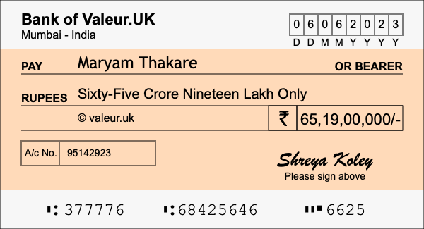 How to write a cheque for 65.19 crore rupees