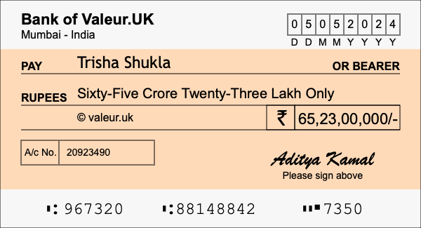 How to write a cheque for 65.23 crore rupees