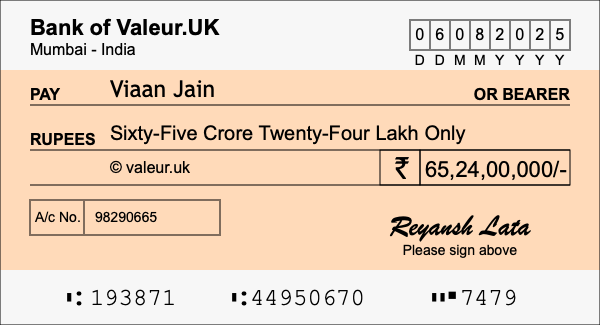 How to write a cheque for 65.24 crore rupees