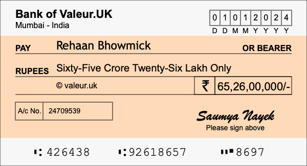How to write a cheque for 65.26 crore rupees