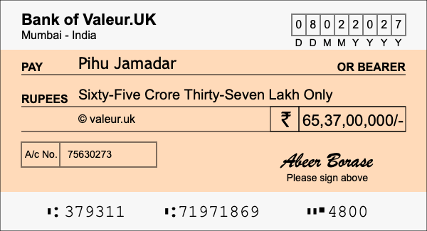 How to write a cheque for 65.37 crore rupees