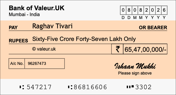How to write a cheque for 65.47 crore rupees