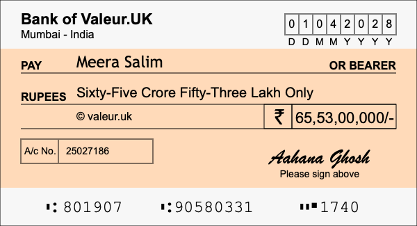 How to write a cheque for 65.53 crore rupees