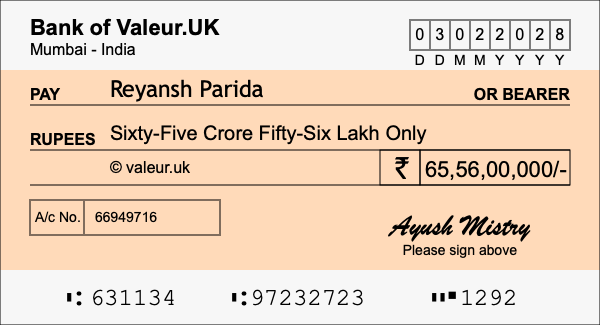 How to write a cheque for 65.56 crore rupees