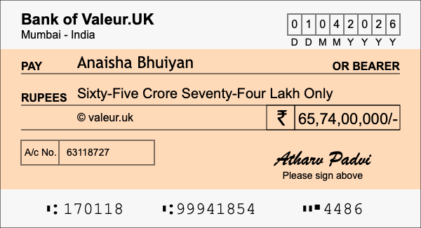 How to write a cheque for 65.74 crore rupees