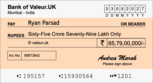 How to write a cheque for 65.79 crore rupees