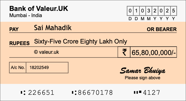How to write a cheque for 65.8 crore rupees