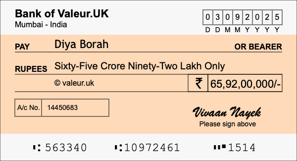 How to write a cheque for 65.92 crore rupees
