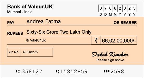 How to write a cheque for 66.02 crore rupees