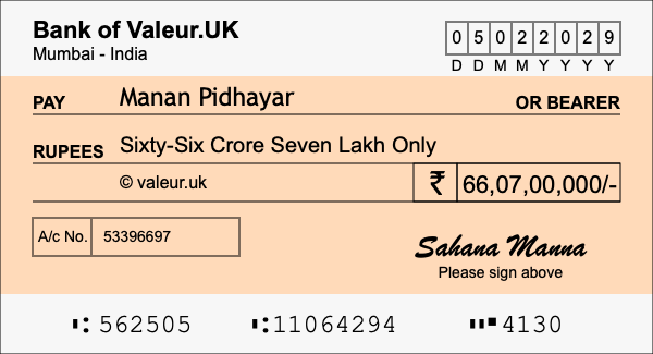 How to write a cheque for 66.07 crore rupees