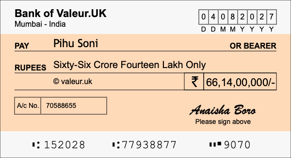 How to write a cheque for 66.14 crore rupees