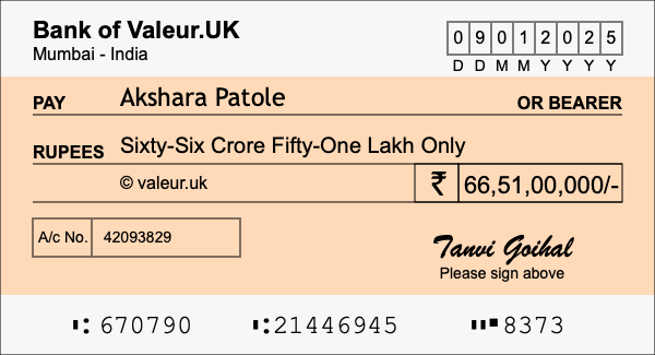 How to write a cheque for 66.51 crore rupees How to write a cheque for 66.51 crore rupees