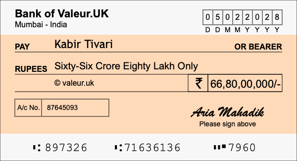 How to write a cheque for 66.8 crore rupees