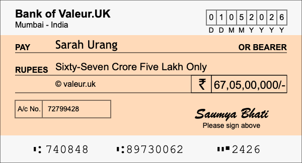 How to write a cheque for 67.05 crore rupees How to write a cheque for 67.05 crore rupees