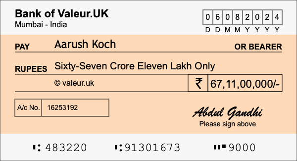 How to write a cheque for 67.11 crore rupees