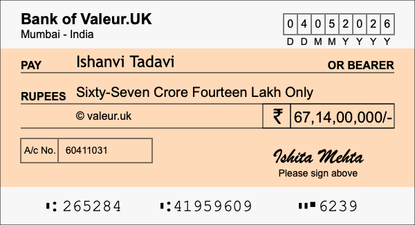 How to write a cheque for 67.14 crore rupees