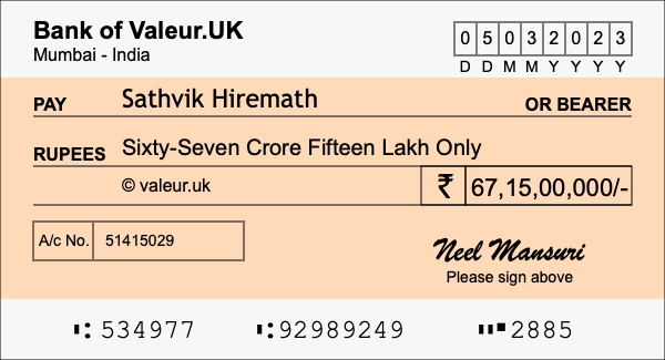 How to write a cheque for 67.15 crore rupees