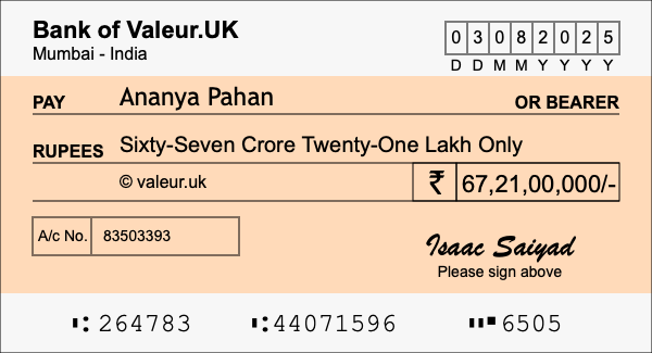 How to write a cheque for 67.21 crore rupees