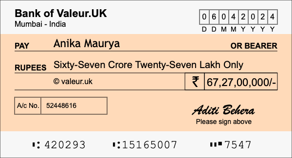 How to write a cheque for 67.27 crore rupees