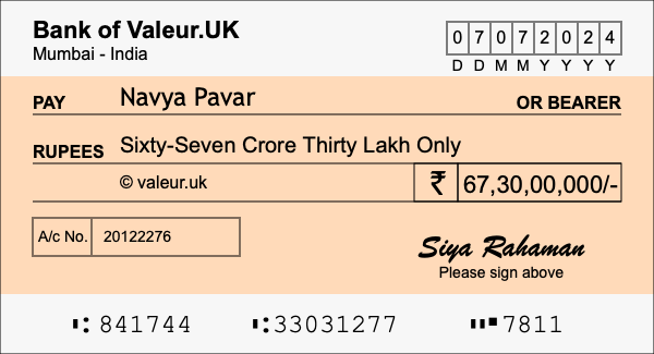 How to write a cheque for 67.3 crore rupees