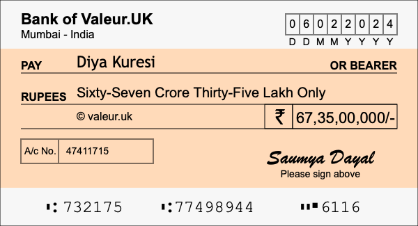 How to write a cheque for 67.35 crore rupees