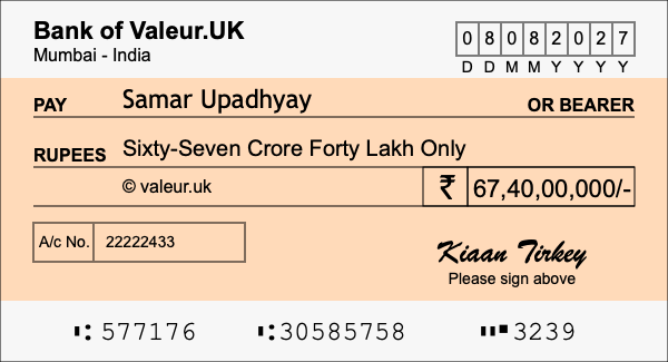 How to write a cheque for 67.4 crore rupees