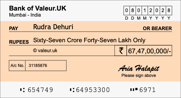 How to write a cheque for 67.47 crore rupees