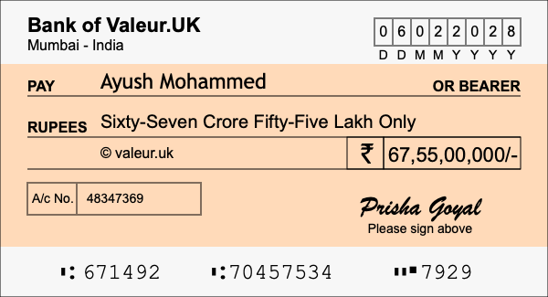 How to write a cheque for 67.55 crore rupees