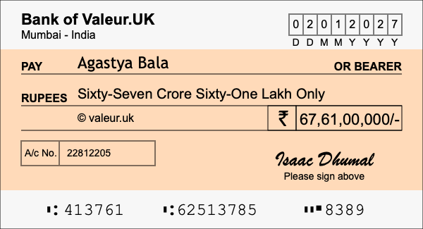 How to write a cheque for 67.61 crore rupees