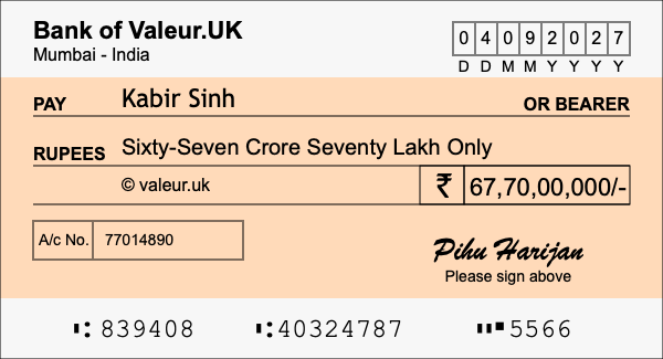 How to write a cheque for 67.7 crore rupees