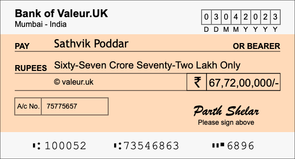 How to write a cheque for 67.72 crore rupees
