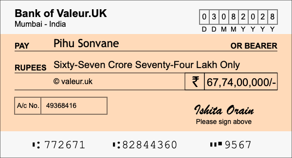 How to write a cheque for 67.74 crore rupees
