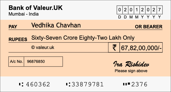 How to write a cheque for 67.82 crore rupees