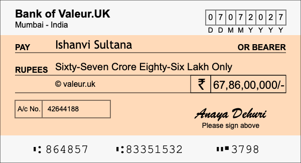 How to write a cheque for 67.86 crore rupees