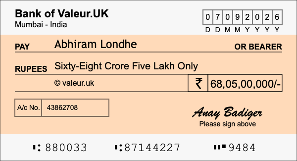 How to write a cheque for 68.05 crore rupees