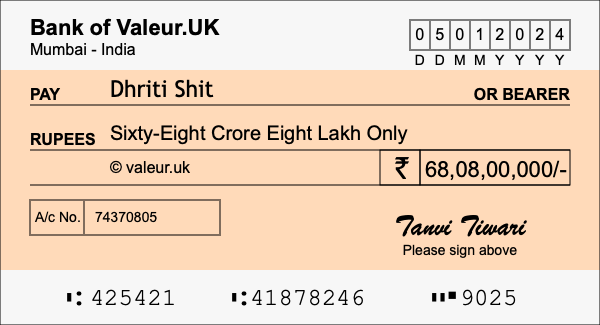 How to write a cheque for 68.08 crore rupees