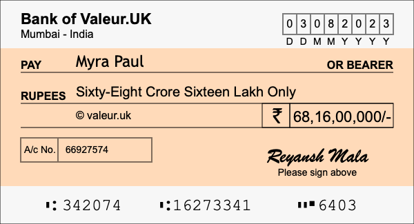 How to write a cheque for 68.16 crore rupees