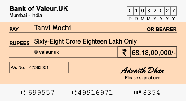 How to write a cheque for 68.18 crore rupees