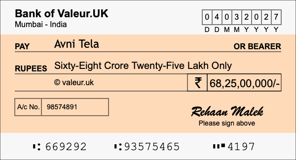 How to write a cheque for 68.25 crore rupees